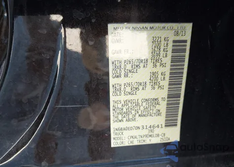 2013 Nissan Titan Sv z USA, uszkodzony, nr VIN 1N6BA0ED7DN314641